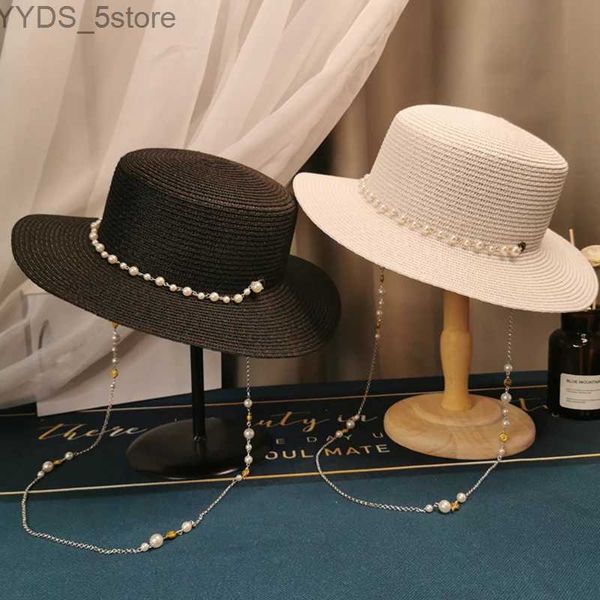 Sombreros de ala ancha Sombreros de cubo 2021 Verano Elegante Cadena de perlas Sombreros planos para el sol para mujeres Chapeau Feminino Str Hat Panamá Ala ancha Anti-UV Beach Cap Girl Topee YQ231116