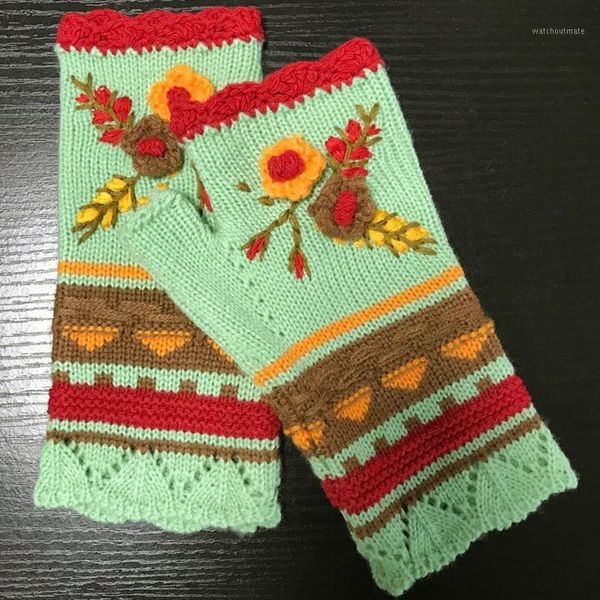 Fünf-Finger-Handschuhe für Frauen, warme Handarbeit, gehäkelte Blume, gestrickt, halber Finger, Winterhandschuh, hochwertige Handschuh, handgefertigte Stickerei, 202