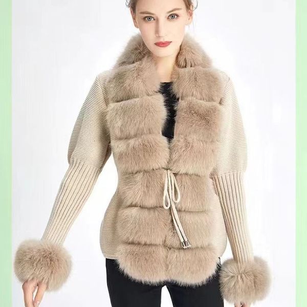Женский вязаный свитер из искусственного меха, кардиган, весна-осень, элегантный вязаный свитер с воротником из искусственного меха, женское модное пальто, пальто 230828