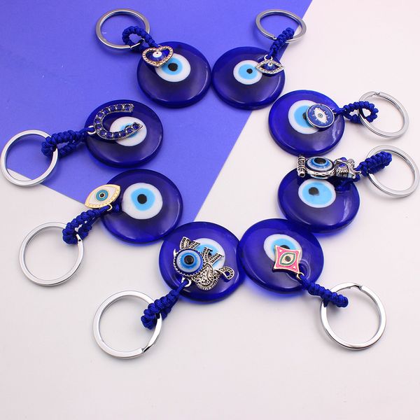 Modische Schlüsselanhänger Ketten, 4 cm runder blauer böser Blick-Anhänger aus Glas mit Hufeisen-Elefanten-Herz-Eulen-Charms, Schmuckbeutel, Schlüsselanhänger, Zubehör, Lucky Design, Auto-Schlüsselanhänger