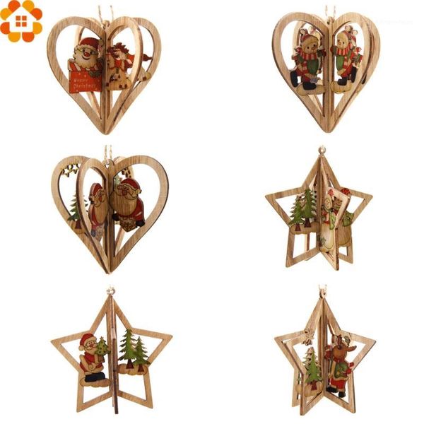 Weihnachtsschmuck 3Sets 3D Kreative Holzanhänger Ornamente DIY StarHeart Party Weihnachtsbaum Kinder Gift1