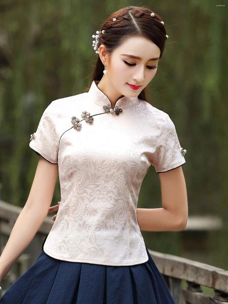 Roupas étnicas Estilo Chinês Cheongsam T-shirt Traje Tradicional Manga Curta Side Slit Top para Verão Primavera Mulheres