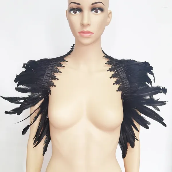 Sciarpe Sexy Scialle di piume nere Sciarpa di pizzo Donna Mantello Gothic Rave Party Matrimonio Spettacolo teatrale Costume Cosplay Hombreras Plumas