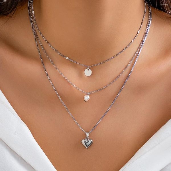 Ожерелья с подвесками KunJoe, многослойное металлическое персиковое сердце, имитация жемчуга, ожерелье для женщин и мужчин, панк, серебряный цвет, коробка с блестками, цепочка, колье на шею