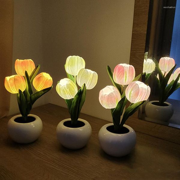 Lâmpadas de mesa LED Tulip Night Light Artificial Flowers Decoração Interior Lâmpada Simulação