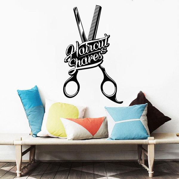 Wandaufkleber Barber Shop Sign Decals Poster Haircut Shaved Comb Scissors Salon Art Mural Window Decoration DW10646