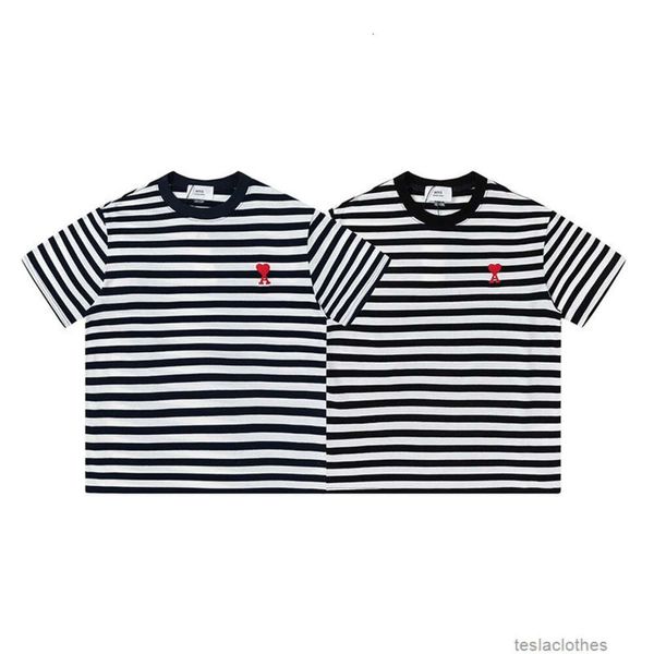 Tasarımcı Moda Giyim Lüks Tees Tshirts Trend Br Ami Yuvarlak Boyun Kısa Kollu T-Shirt Unisex Summer Love Şeftali Kalp Nakış Birleştirilmiş Stripes Sıradan Trend BR