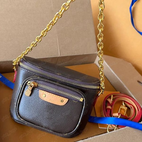 Kadın lüks tasarımcı bel çantası moda mini bumbag kahverengi çiçekler çanta kolay kese altın zincir kayış fannypack erkek kemer çantaları crossbody fanny paketi -14