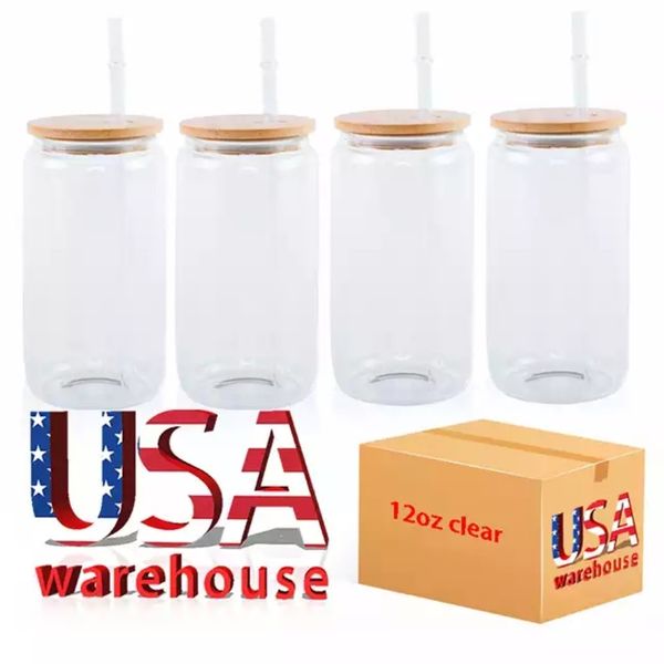 CA US Warehouse 16 once bicchieri per sublimazione boccali di birra con coperchi di bambù e bicchieri di paglia lattine vuote fai da te trasferimento di calore cocktail tazze ghiacciate barattoli di vetro u1116