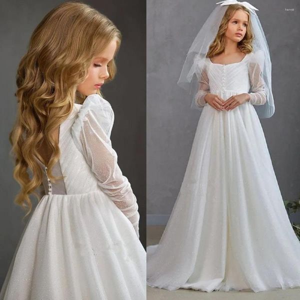 Mädchenkleider Boho Elfenbein Blumenmädchenkleid für die Hochzeit Glänzender Tüll Langarm Böhmische Party Festzug Kleider Geburtstag