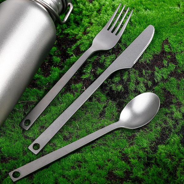 Учебные посуды наборы 3PCS Pure Titanium Dableware Working Fork Spoon Cutter Cutter Ultra Light Outdoor Cutler Set Stare для пеших прогулок для походов