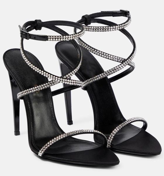 Luxusmarke 2023 Jerry Damen Sandalen Schuhe Kristallverzierter schwarzer Satin Schnallenriemen High Heels Black Lady Sandalias Party Hochzeitskleid EU35-43