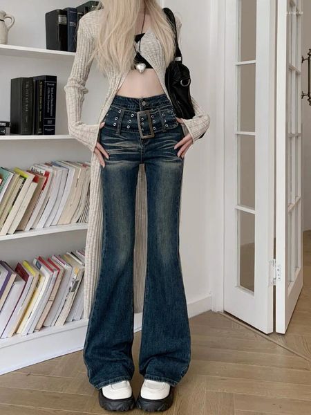 Jeans femininos calças de verão cinto denim boot corte cintura alta magro encaixe reto tubo mop apertado bolsos azuis escuros