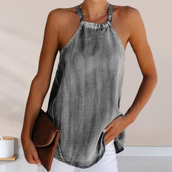 Camicette da donna Camicetta allacciata alla caviglia da donna alla moda Top in denim con cinturino posteriore Summer Ladies Soft Cami Vacation