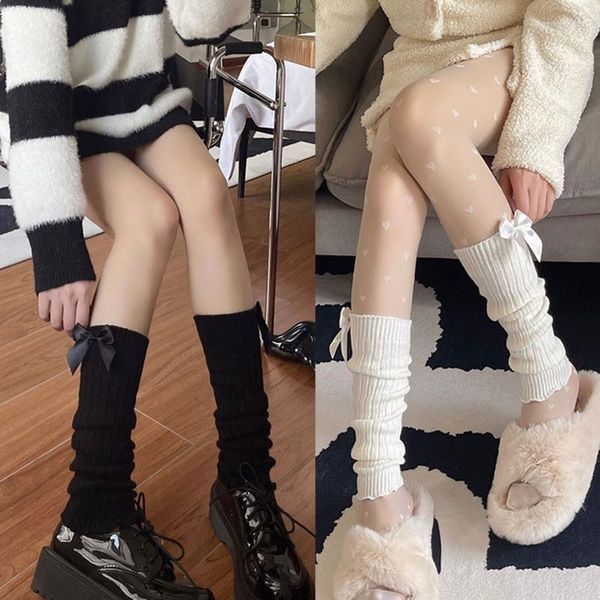 Mulheres meias bowknot knit inverno lolita japonês jk solto estilo lady boots joelho altas leggings de bota 37jb