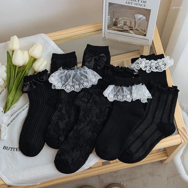 Chaussettes JK noires en dentelle Lolita pour femmes, avec nœud papillon, fleur, longue, en coton, robe à la cheville, Calcetine Medias