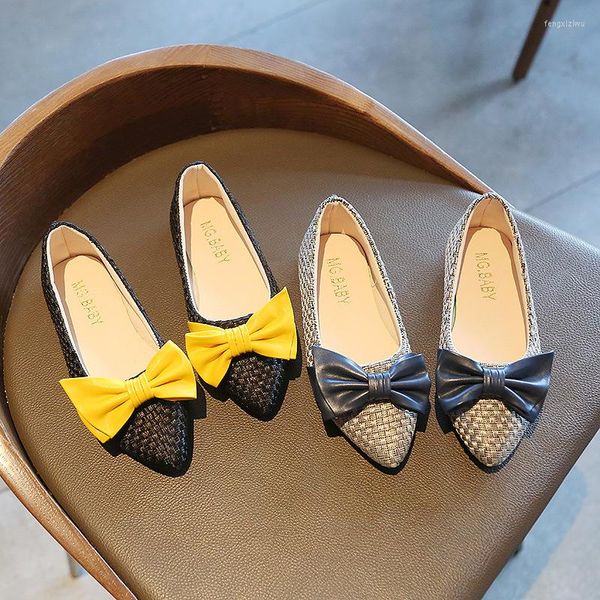 Düz ayakkabılar kızlar için deri çocuklar için deri loafers yay-düğüm şık prenses daireler sivri ayak parmakları boat moda yumuşak 26-35 bahar