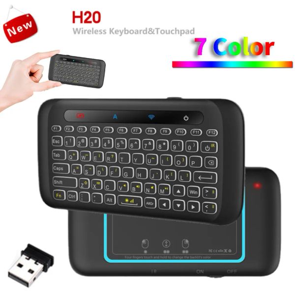H20 mini 2.4ghz teclado sem fio retroiluminação touchpad air mouse ir controle remoto inclinado para x96 h96 t95 mecool andorid box smart tv windows