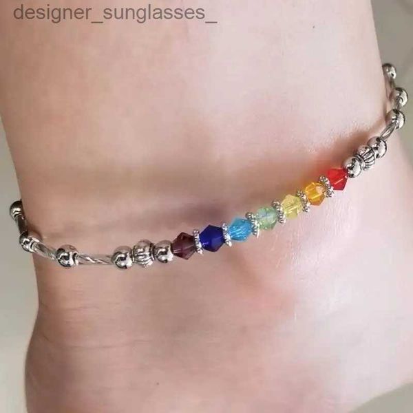 Tornozeleiras Chakra Gemstone Lotus Charm Tornozeleira - 7 Chakra Ankle Bracelet - Yoga AnkleL231116