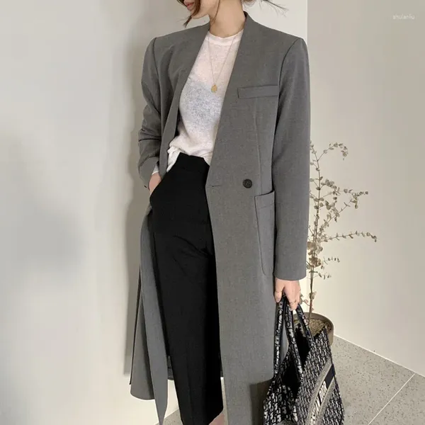 Ternos femininos coreano chique outono vintage com decote em v um botão bolso design sobre o joelho split terno casaco 2023 mulher blazer para mulher