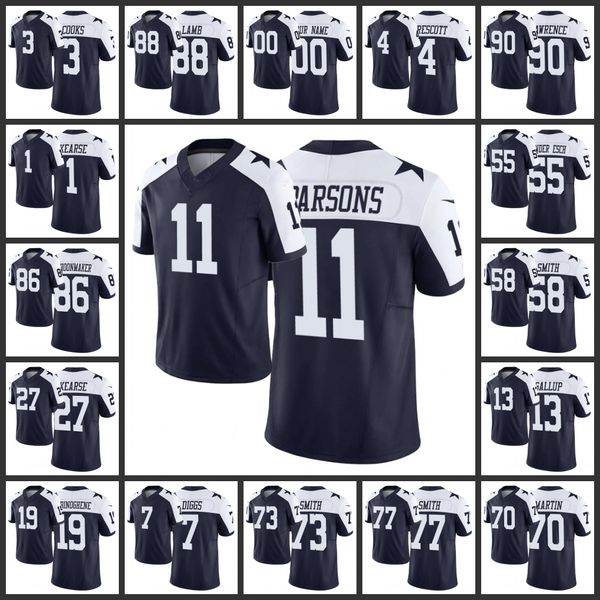 Dallas''Cowboys''Men 13 Michael Gallup 4 Dak Prescott 88 CeeDee Lamb 11 Micah Parsons 90 Demarcus Lawrence Feminino Juventude Custom Navy Vapor F.U.S.E.Camisa Limitada