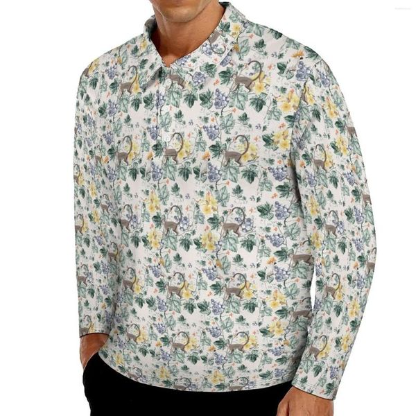 Polos masculinos diversão macaco casual t-shirts floral impressão polo camisa masculina vintage outono manga longa roupas gráficas tamanho grande