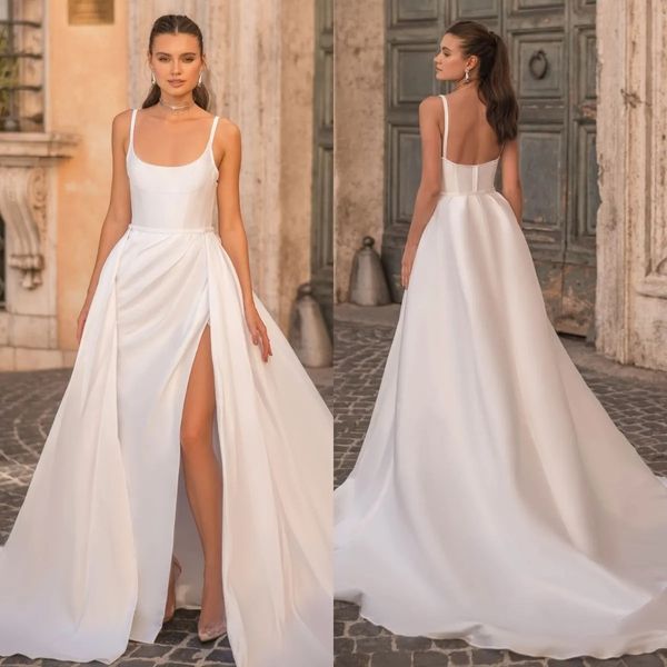 Elegante Meerjungfrau Brautkleid Überröcke 2024 Seitenschlitz Träger Satin Falten Kirche Zivil Brida Kleider Maßgeschneiderte Vestido De Noiva Robe De Mariage