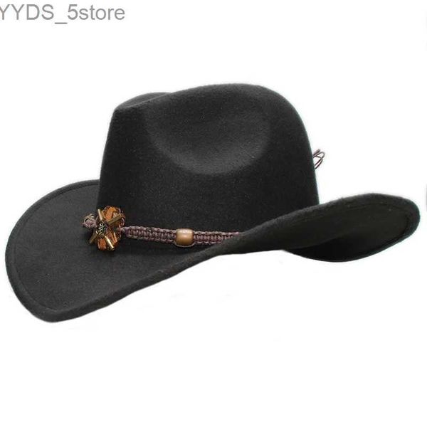 Cappelli a tesa larga Cappelli a secchiello Vintage Genitore-bambino Donna Uomo / Bambino Bambino Lana a tesa larga Cappello da cowboy Western Cappello da cowgirl Fascia in legno lavorato a maglia con perline (61 cm / 57 cm / 54 cm YQ231116