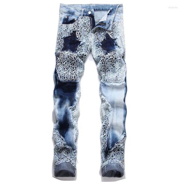 Jeans masculinos inverno leopardo esfarrapado pele de cobra bordado desgastado alto elástico 3d estrelas internas zíper branqueado calças de ajuste fino bolso