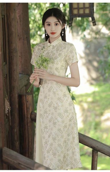 Roupas étnicas Mulheres Verde Bordado Cheongsam Vestido Vintage Chinês Tradicional Manga Curta Vestidos High-End Slim Outono Qipao S para XXL