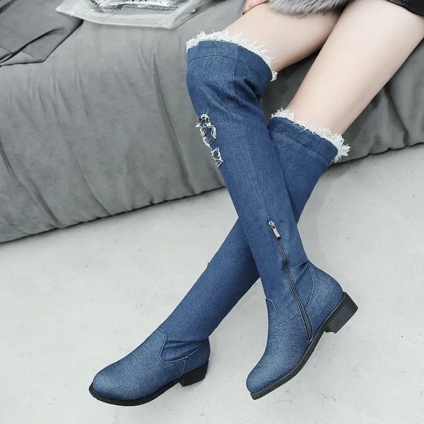 Stiefel Serie Mode Zerrissene Denim Frauen Über Das Knie Bequeme Flache Ferse Winter Damen Lange Halbe Reißverschluss Damen 231116