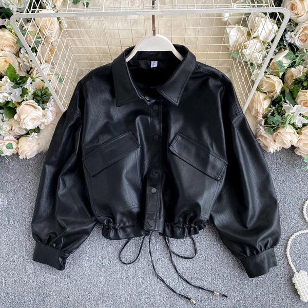 Frauen Leder Moto Biker Jacke Koreanische Retro Bf Schwarz Lose Jacken Button Up Große Tasche Schlanke Kurze Motorrad