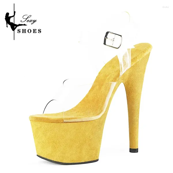 Модельные туфли, летние свадебные женские желтые замшевые туфли на высоком каблуке 17 см, пикантные вечерние сандалии на платформе 7 см, прозрачные туфли-лодочки для танцев на пилоне из ПВХ
