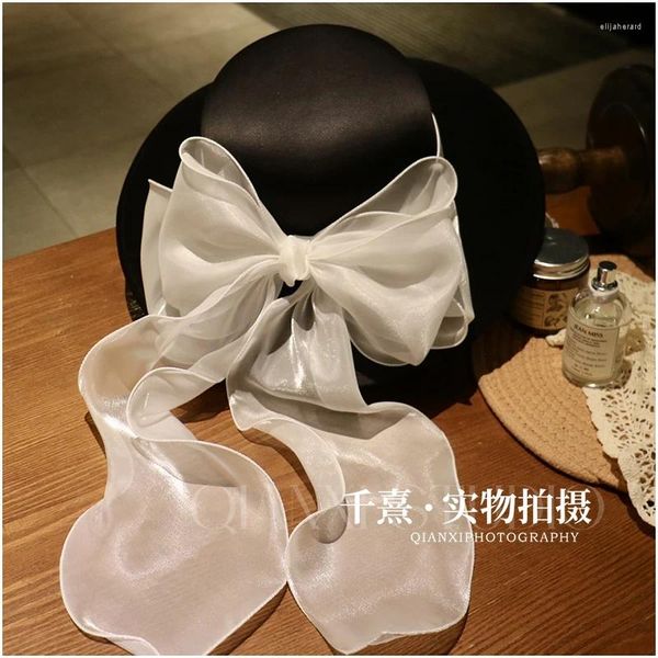 Berets grande preto cetim chapéu de casamento clássico estilo inglaterra senhoras formal fedoras malha bowknot fascinators cocktail banquete headwear