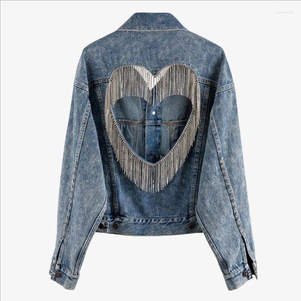 Jackets femininos fábrica tomadas de fábrica amante Chain Tassel Cutout Halter Baggy Denim Denim Feminino Manga de Diamante de Diamante F1627