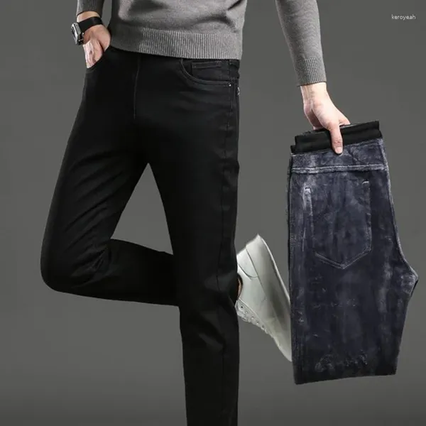 Männer Jeans Plus Größe Winter Samt Verdickt Teenager Dünne Gerade Warme Elastische Denim Hosen Casual Männer Hosen Schwarz