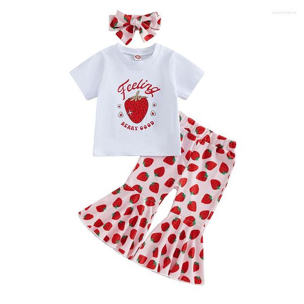 Clothing Sets Fashion Summer Toddler Kid Girls Clothes Outfits Short Sleeve Strawberry Print T-Shirt Tops Flare Pants Headband Set