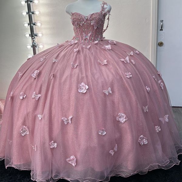 Mexiko Rosa Schulterfreies Ballkleid Quinceanera Kleid für Mädchen Perlen 3DBlumen Schleife Geburtstag Party Kleider Ballkleider Süßes 16