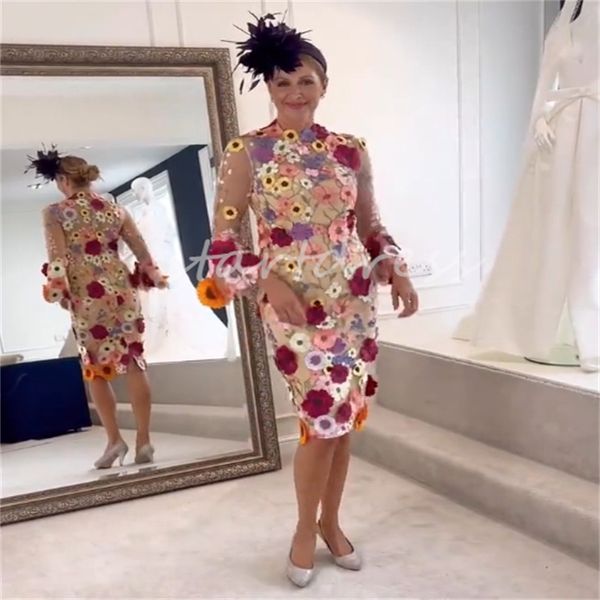 Coloful 3d florais mãe da noiva plus size o pescoço manga longa na altura do joelho vestido de convidado de casamento 2024 jantar de férias noivo mãe vestido de noite elegante vestido de baile