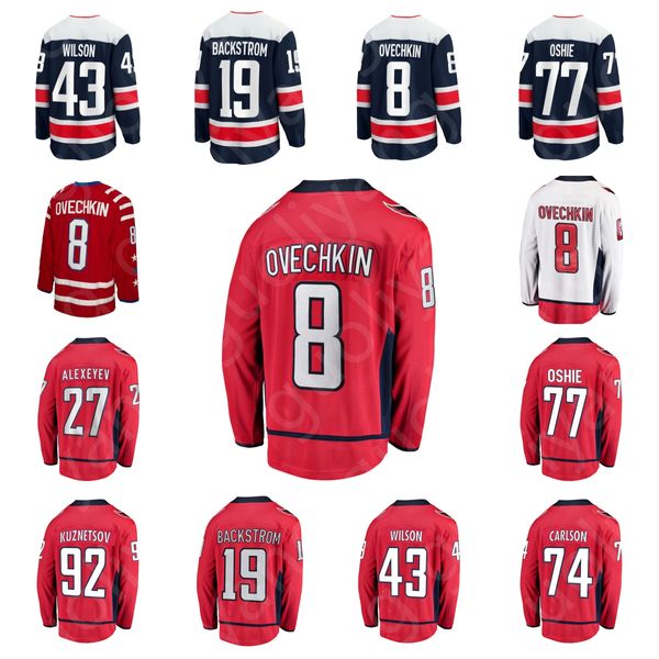 Maglie da hockey da uomo nuove arrivate # 8 maglie OVECHKIN bianco rosso blu scuro # 43TOM WILSON # 77TJ OSHIE # 19NICKLAS BACKSTROM # 17 STROME maglia da giocatore in trasferta