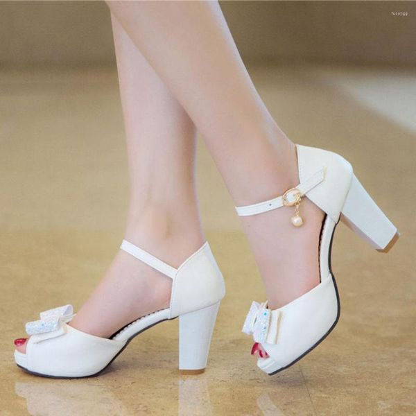 Отсуть обувь 2023 качество Dropship Summer Sweet Women's Peep Toe Toe Tie Tie Sandal Pumps Office Lady Platform Block High Heels Большой размер