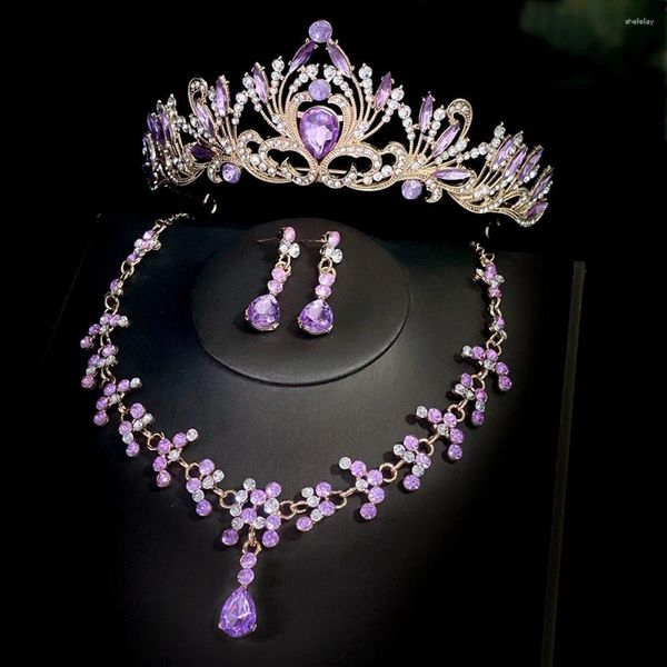 Colar brincos conjunto kmvexo barroco moda roxo cristal casamento nupcial feminino noiva tiara coroas brinco jóias