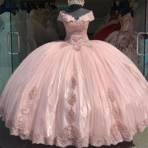 Abiti eleganti Quinceanera rosa Abiti da 15 Anos Festa di compleanno per sedici anni Dolce 16 Abito quindici Xv 2024 Abito elegante per debuttante Abito da spettacolo con applicazioni di pizzo