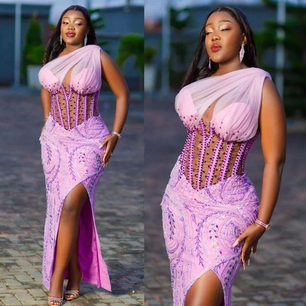 Abiti da sera lunghi in pizzo da donna Plus Size Abiti da ballo formali in tulle con lacci in rilievo Abiti da stile africano Aso Ebi