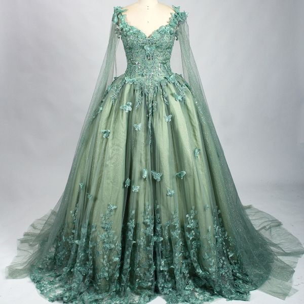 Luxo verde sálvia brilhante quinceanera vestidos de baile apliques arco contas com capa formal vestido de festa de 15 quinceanera