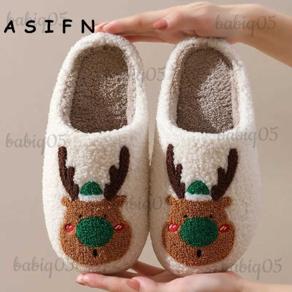 Chinelos ASIFN Bonito Chinelos de Inverno Elk Algodão Casa Pele Bonito Almofada Slides Quarto Senhoras Feminino Sapatos de Inverno de Pelúcia Feliz Natal T231116