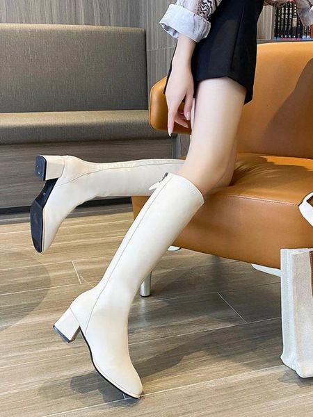 Stiefelstiefel Mittelabsatz Schnürung Winter Kniehoher Schaft Weiß mit Schnürsenkeln Lange quadratische Zehenschuhe Schuhe für Damenmode 2023 231116