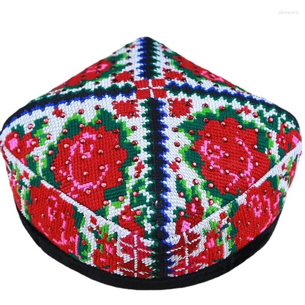 Береты, китайская Синьцзян-Уйгурская танцевальная шляпа для женщин, кепка в народном стиле для взрослых, кепка для выступления на сцене, квадратные шляпы ручной работы с вышивкой, женские береты