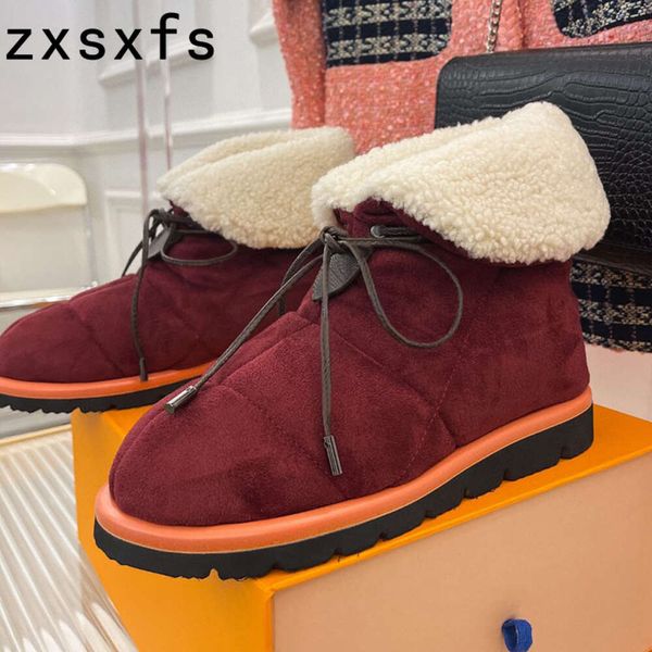 Luxus Marke Wolle Schnee Stiefeletten Für Frauen Winter Warme Revers Flache Plattform Pelz Schuhe Lace Up Flache Ritter Stiefel frauen