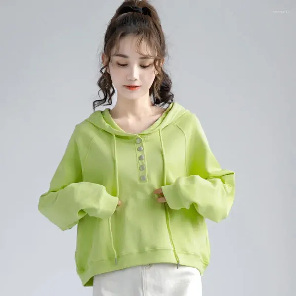 Hoodies femininos 2023 primavera verde solto curto com capuz camisola feminina e outono versão coreana seção fina pequena sexy moda topo